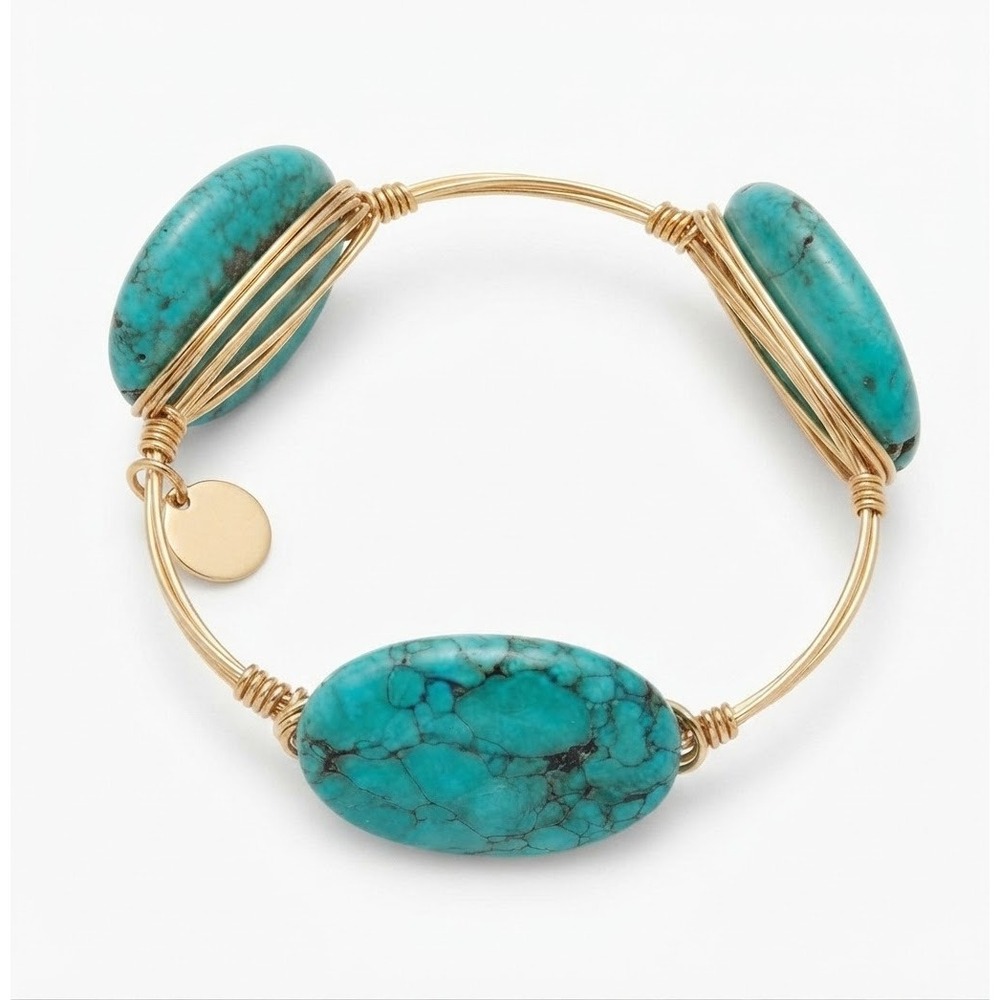 Bourbon & Bowties Turquoise Stone Brass Wire Wrapped Bangle Bracelet Boho Small